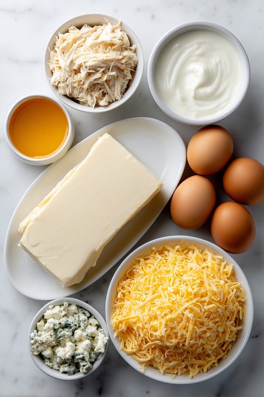Buffalo Chicken Dip Recipe - Ingredients Image — Buffalo Chicken Dip, easy buffalo chicken dip, cheesy buffalo dip recipe, spicy chicken dip, party appetizers buffalo chicken