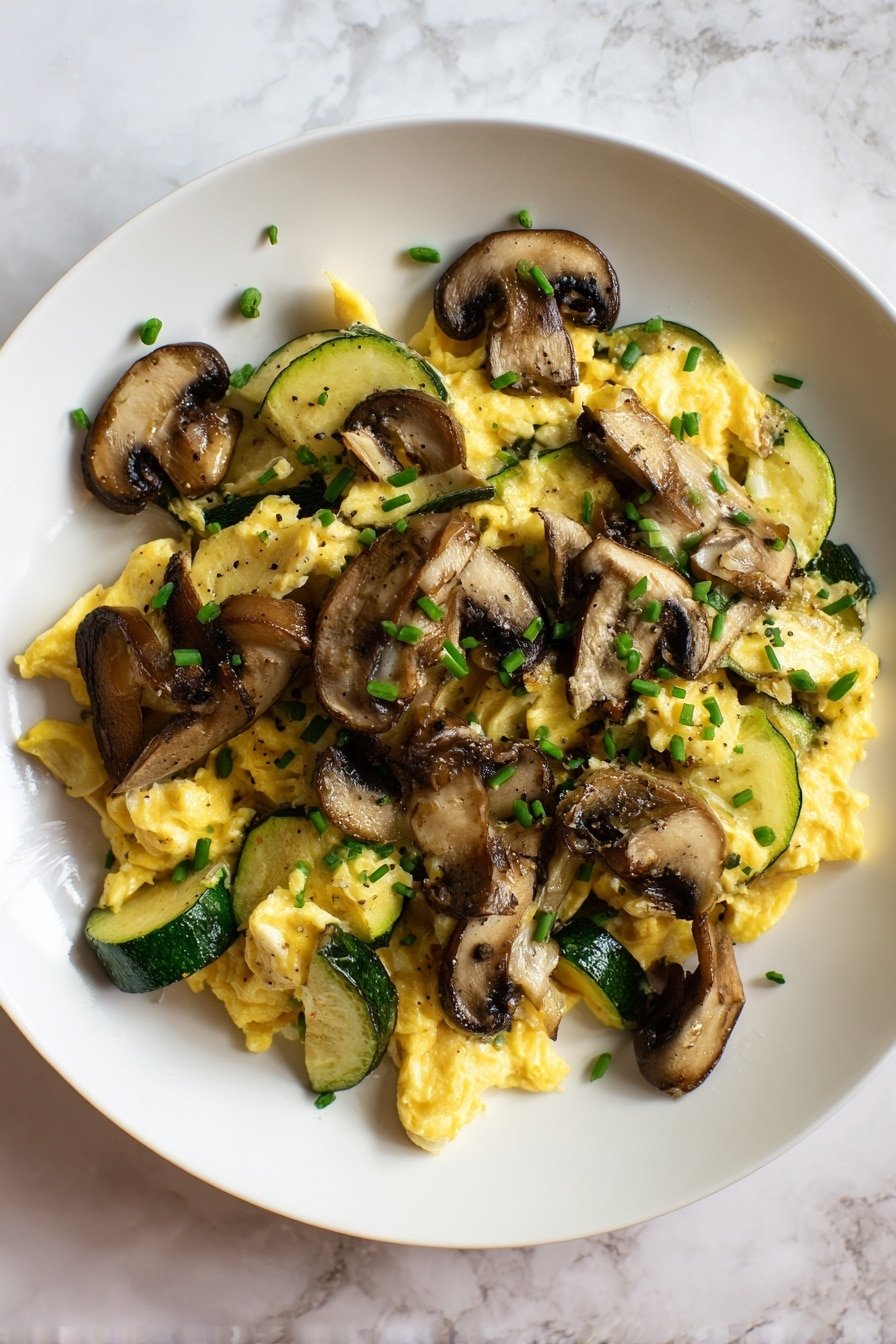 Veggie Zucchini Mushroom Egg Scramble Recipe - Article Image 1 — Veggie Zucchini Mushroom Egg Scramble, healthy breakfast recipes, quick morning eggs, veggie breakfast ideas, protein-packed egg scramble