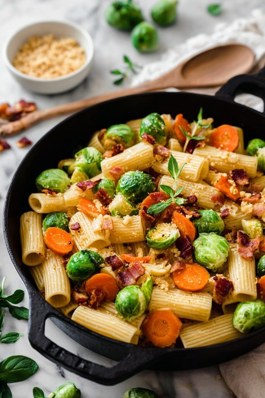 Brussels Sprouts and Butternut Squash Pasta Recipe - Article Image 1 — Brussels Sprouts and Butternut Squash Pasta, fall vegetable pasta recipe, roasted vegetable pasta, hearty fall pasta dish, easy vegetarian pasta meal