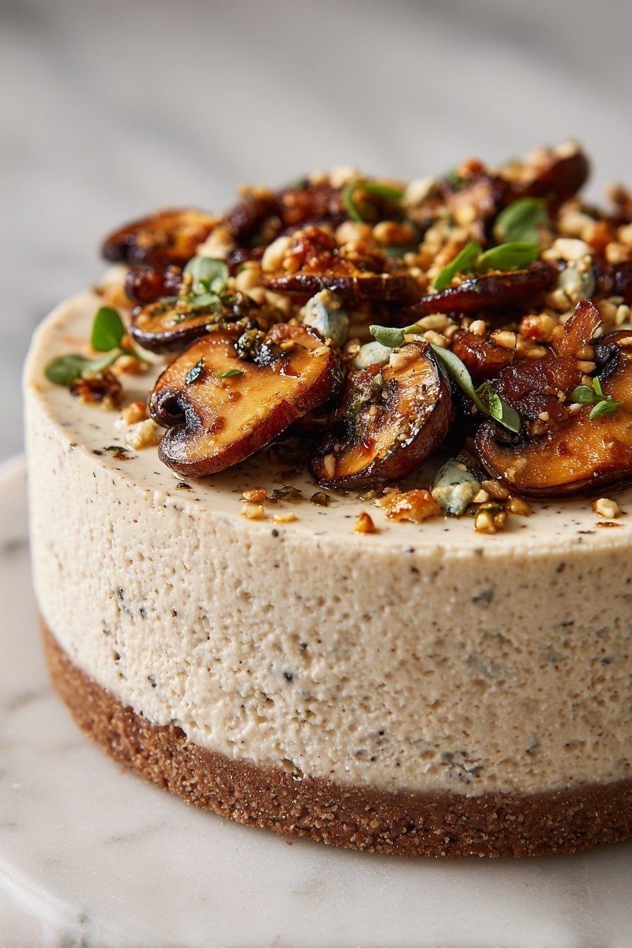 Pistachio Mushroom Cheesecake Recipe - Article Image 1 — Pistachio Mushroom Cheesecake, savory cheesecake, mushroom dessert, pistachio tart, gourmet cheesecake