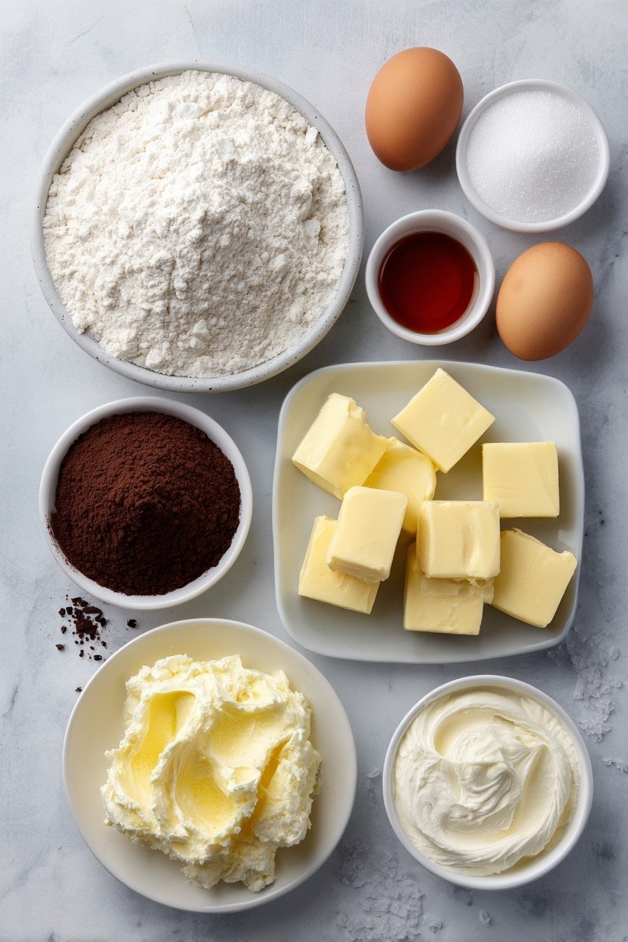 Flat lay of a small pile of fine all-purpose flour on a white ceramic plate, a small heap of unsweetened cocoa powder on a separate white ceramic plate, a white ceramic bowl filled with granulated sugar, a small white bowl with melted unsalted butter, two whole uncracked large brown eggs beside each other, a small white bowl holding bright red liquid food coloring, a few vanilla bean pods next to a small white bowl with cream cheese softened into a smooth mound, another small white bowl containing unsalted butter softened into a pale yellow dollop, a white ceramic bowl with sifted powdered sugar, and a pinch of salt crystals scattered gently on the side, placed on a clean white marble surface, soft natural light, photo taken with an iPhone, professional food photography style, fresh ingredients, white ceramic bowls, no bottles, no duplicates, no utensils, no packaging --ar 2:3 --v 7 --p m7354639359234015250 — Red Velvet Brownie, Red Velvet Brownie Recipe, Chocolate and Cream Cheese Brownie, Vibrant Red Velvet Dessert, Easy Red Velvet Brownie