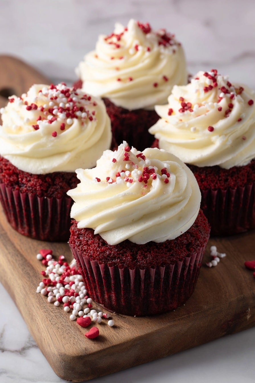 Two red velvet cupcakes sit side by side on a round white plate, which rests on a white marbled surface. Each cupcake has a rich red base with dark red muffin liners wrapped around them. On top of each cupcake is a tall swirl of smooth, creamy white frosting with a soft texture. The frosting is sprinkled with small red and white round sprinkles scattered evenly across the top and a few crumbs on the plate around the cupcakes. In the background, a small white bowl with a red powder can be seen out of focus. photo taken with an iphone --ar 2:3 --v 7 — Red Velvet Cupcakes with Cream Cheese Frosting, how to make red velvet cupcakes, best red velvet cupcake recipe, homemade red velvet cupcakes, easy cream cheese frosting for cupcakes