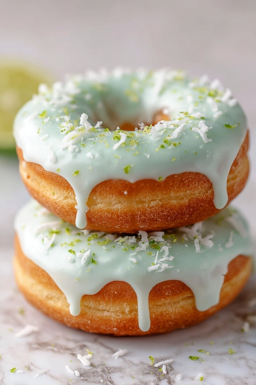 Two green donuts stacked on top of each other are shown on a white marbled surface. Each donut has a white glaze that drips down the sides in thick, smooth layers. The glaze is topped with white coconut flakes and small green sprinkles, creating a light, textured look on both donuts. The bottom donut has a slightly golden edge visible where the green dough meets the surface. Photo taken with an iphone --ar 2:3 --v 7 — Pandan Mochi Donuts with Coconut Glaze, Easy Pandan Mochi Donuts, Tropical Pandan Donuts with Coconut, Homemade Mochi Donuts with Coconut Glaze, Soft Pandan Rice Flour Donuts