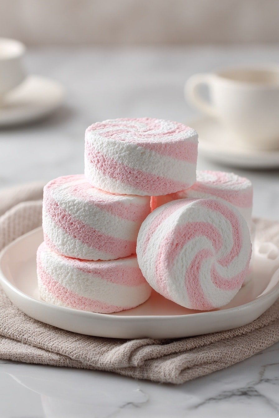 There are five soft, round marshmallows stacked on a white plate. Each marshmallow has two layers, one light pink and one white, twisted together in a spiral pattern, showing a fluffy texture. The plate sits on a beige cloth on a white marbled surface, with a blurred white cup and saucer in the background. The lighting is soft and natural, making the marshmallows look airy and sweet. photo taken with an iphone --ar 2:3 --v 7 — Fruit Marshmallow Zefir, Russian fruit marshmallow recipe, homemade zefir, airy fruit dessert, soft marshmallow treats