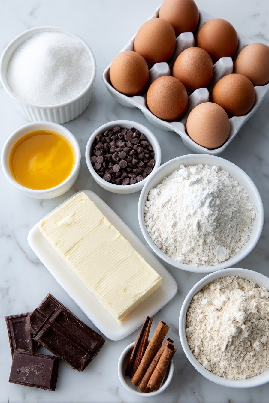 Flat lay of a pile of whole uncracked brown eggs, a block of cream cheese with a smooth surface, a small white bowl of bright orange pumpkin puree, a scattering of mini semi-sweet chocolate chips, a small white bowl of granulated sugar, a small white bowl of packed brown sugar, a small white bowl of all-purpose flour, a few pats of pale yellow butter, a few broken pieces of glossy semi-sweet baking chocolate, a small white bowl of heavy cream, a small white bowl of water, and a small white bowl of vanilla extract placed around a small stack of fresh cinnamon sticks and a few whole clove buds, all arranged with perfect symmetry on a simple white ceramic plate and bowls, placed on a clean white marble surface, soft natural light, photo taken with an iPhone, professional food photography style, fresh ingredients, white ceramic bowls, no bottles, no duplicates, no utensils, no packaging --ar 2:3 --v 7 --p m7354639359234015250 — Chocolate Chip Cookie Dough Pumpkin Cheesecake, Pumpkin Cheesecake with Cookie Dough, Fall Dessert Recipes, Holiday Cheesecake Ideas, Pumpkin Pie Dessert