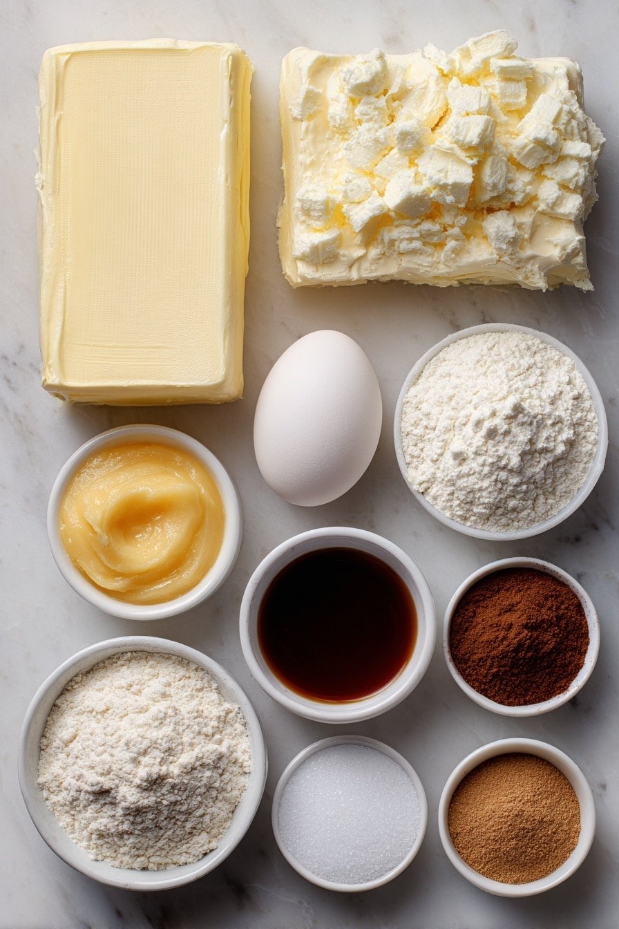 Flat lay of a large slab of unsalted butter, a small heap of light brown sugar, a small heap of granulated sugar, a small white bowl filled with smooth canned pumpkin puree, one large whole egg with a clean shell, a small white bowl of clear vanilla extract, a small mound of all-purpose flour, a small white bowl with baking soda powder, a small white bowl with baking powder powder, a small white bowl of salt crystals, a small white bowl filled with pumpkin pie spice blend, a small white bowl with ground cinnamon powder, a block of cream cheese in natural form, and a small white bowl of granulated sugar placed on a clean white marble surface, soft natural light, photo taken with an iPhone, professional food photography style, fresh ingredients, white ceramic bowls, no bottles, no duplicates, no utensils, no packaging --ar 2:3 --v 7 --p m7354639359234015250 — Pumpkin Cheesecake Cookies, fall cookie recipes, pumpkin spice cookies, easy holiday cookies, creamy cheesecake cookies