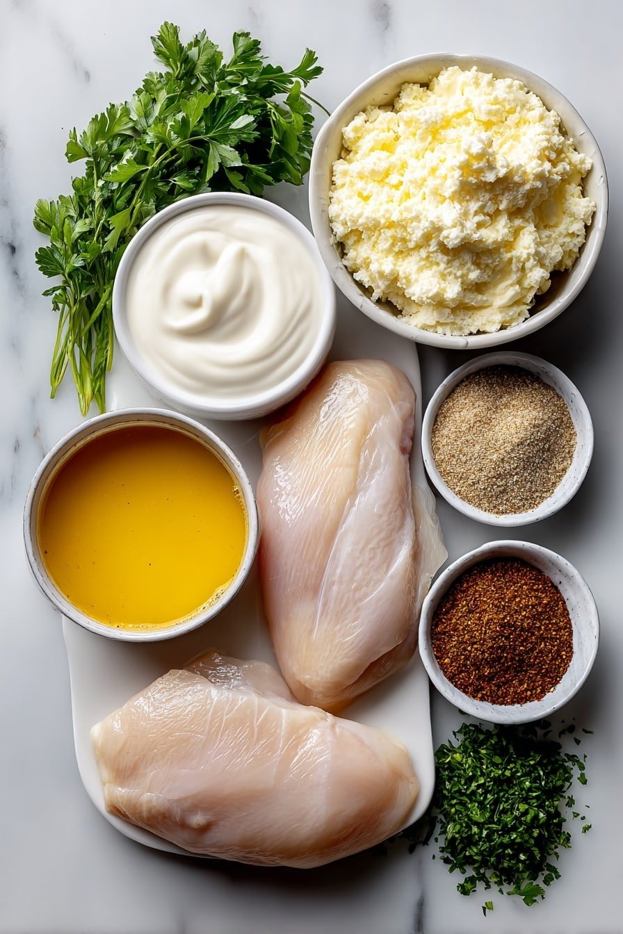 Flat lay of four raw boneless skinless chicken breasts, a small white bowl of smooth creamy condensed cream of chicken soup, a small white bowl filled with golden chicken broth, a small white bowl of thick sour cream, a small white bowl with light brown finely ground ranch dressing mix powder, a small white bowl holding darker brown finely ground brown gravy mix powder, a small white bowl containing coarse white salt, a small white bowl with crushed black peppercorns, and a small pile of fresh chopped bright green parsley leaves, all arranged with perfect symmetry on a clean white ceramic surface placed on a clean white marble surface, soft natural light, photo taken with an iPhone, professional food photography style, fresh ingredients, white ceramic bowls, no bottles, no duplicates, no utensils, no packaging --ar 2:3 --v 7 --p m7354639359234015250 — Crockpot Chicken with Creamy Gravy, slow cooker chicken recipes, easy chicken dinner ideas, hearty crockpot chicken recipes, comfort food chicken recipes