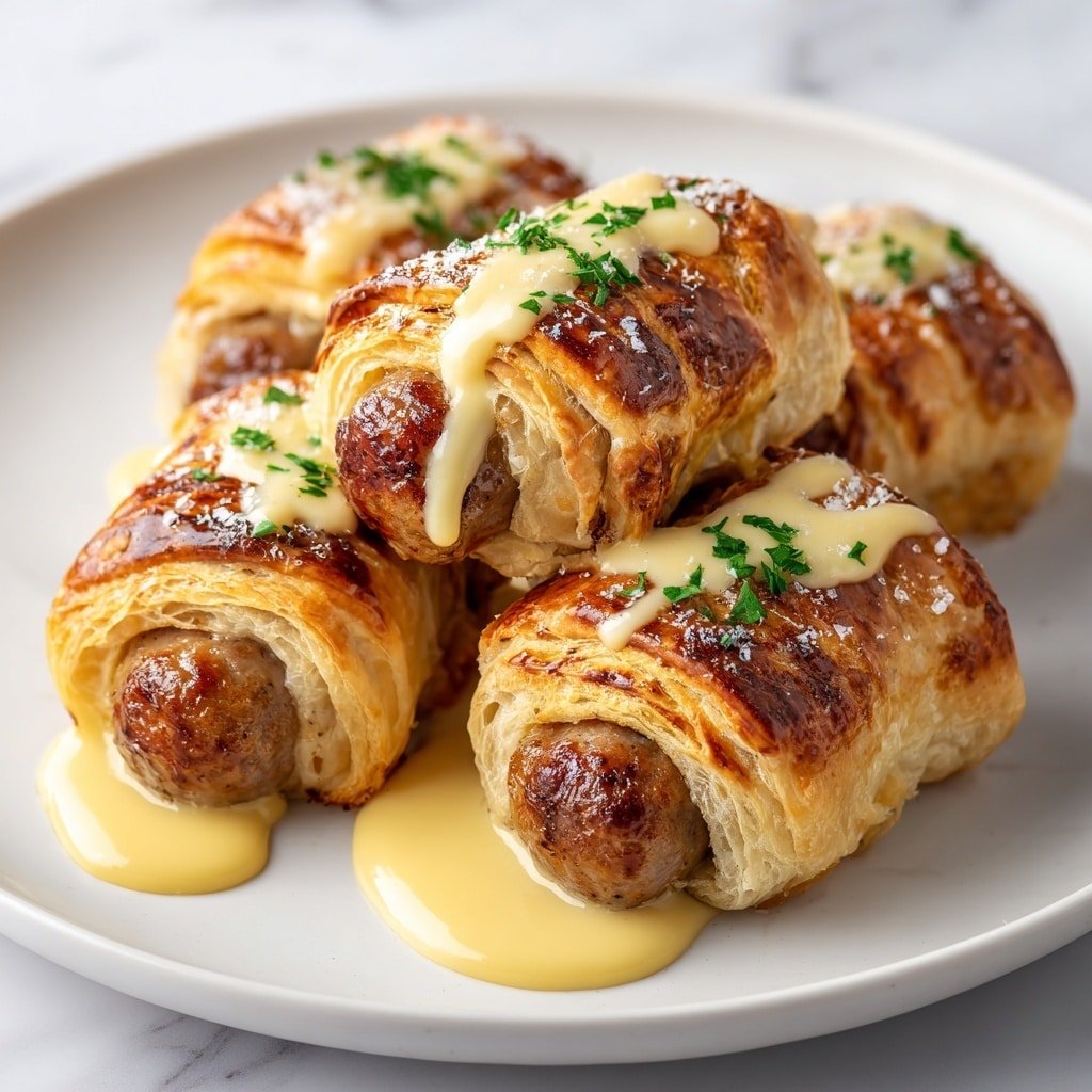 Cheese-Stuffed Pigs in a Blanket Recipe - Article Image 2 — Cheese-Stuffed Pigs in a Blanket, cheesy pigs in a blanket, savory sausage appetizer, flaky puff pastry snacks, easy party finger foods