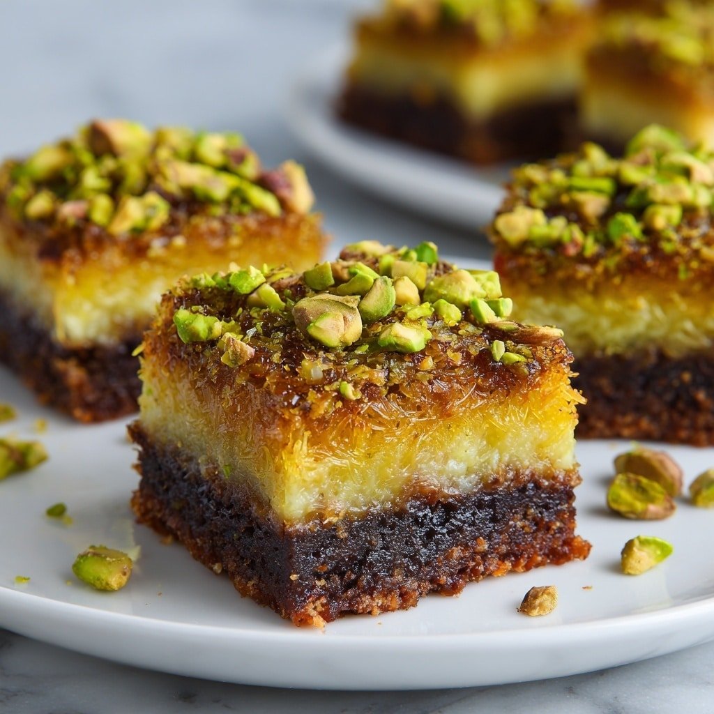 Pistachio Kunafa Brownies Recipe - Article Image 1 — Pistachio Kunafa Brownies, chocolate and pistachio dessert, Middle Eastern inspired brownies, kunafa topping brownies, indulgent pistachio brownie