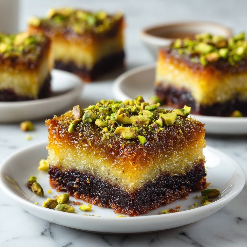 Pistachio Kunafa Brownies Recipe - Article Image 2 — Pistachio Kunafa Brownies, chocolate and pistachio dessert, Middle Eastern inspired brownies, kunafa topping brownies, indulgent pistachio brownie
