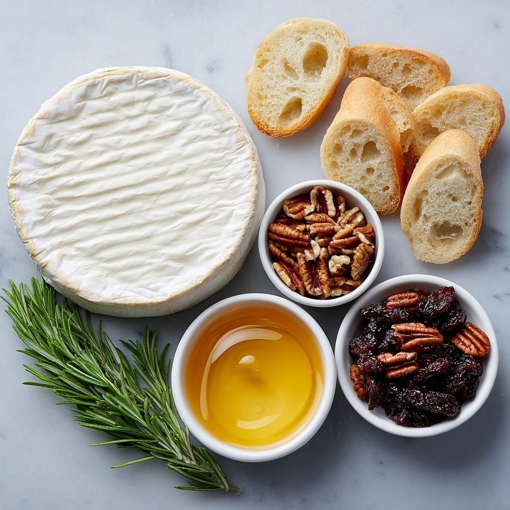 Honey Fig Pecan Baked Brie Recipe - Ingredients Image — Honey Fig Pecan Baked Brie, baked Brie appetizer with figs and pecans, easy baked Brie recipes for entertaining, gourmet cheese appetizer ideas, cozy cheese board recipes