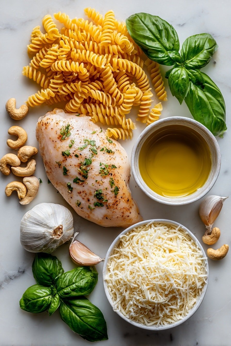 Creamy Pesto Chicken Fusilli Recipe - Ingredients Image — Creamy Pesto Chicken Fusilli, creamy pesto chicken pasta, quick chicken fusilli recipe, homemade pesto pasta, easy pasta dinner