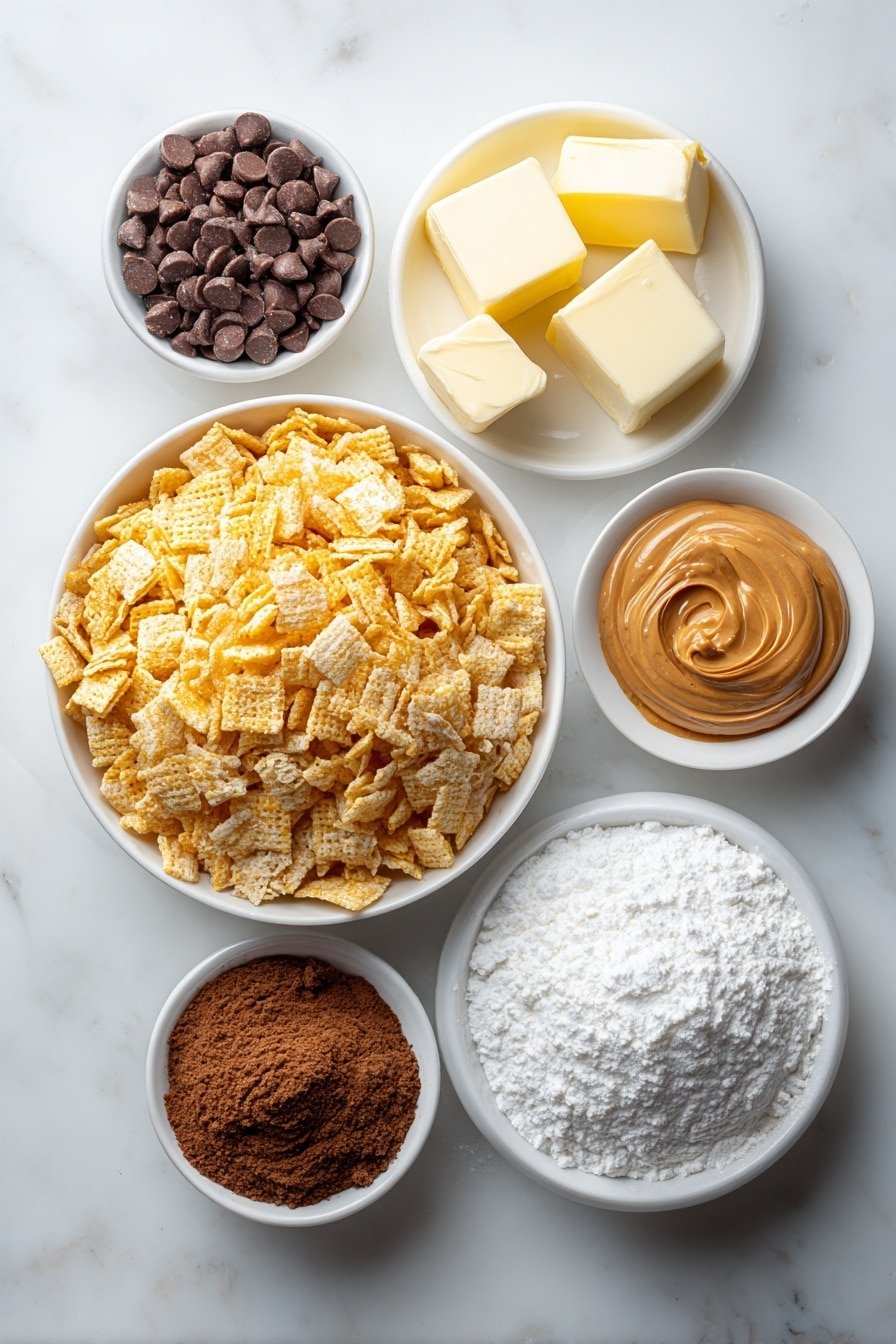 Brownie Batter Puppy Chow Recipe - Ingredients Image — Brownie Batter Puppy Chow, Puppy Chow dessert, chocolate puppy chow recipe, quick snack ideas, no-bake puppy chow