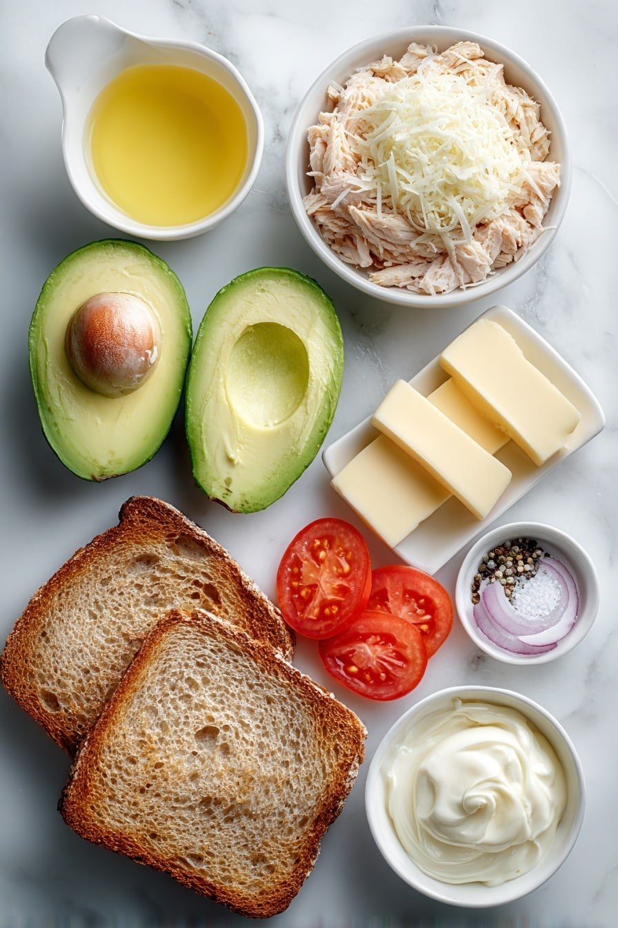 Chicken Avocado Melt Sandwich Recipe - Ingredients Image — Chicken Avocado Melt Sandwich, easy chicken avocado sandwich, creamy avocado chicken sandwich, quick lunch recipes, melt sandwich with chicken