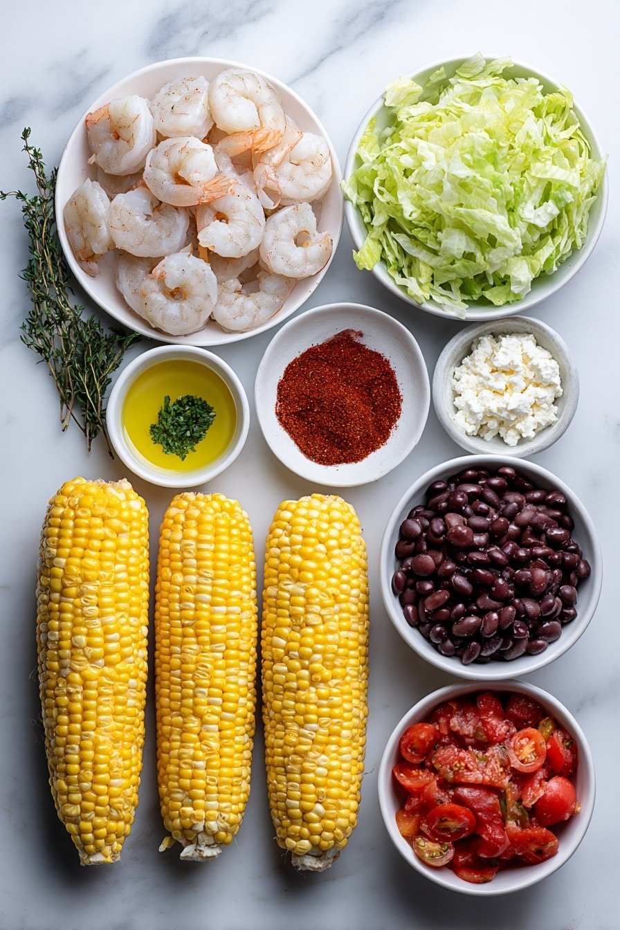 Grilled Shrimp Salad with Corn and Avocado Recipe - Ingredients Image — Grilled Shrimp Salad with Corn and Avocado, grilled shrimp salad, corn and avocado salad, healthy seafood salad, easy summer seafood recipes