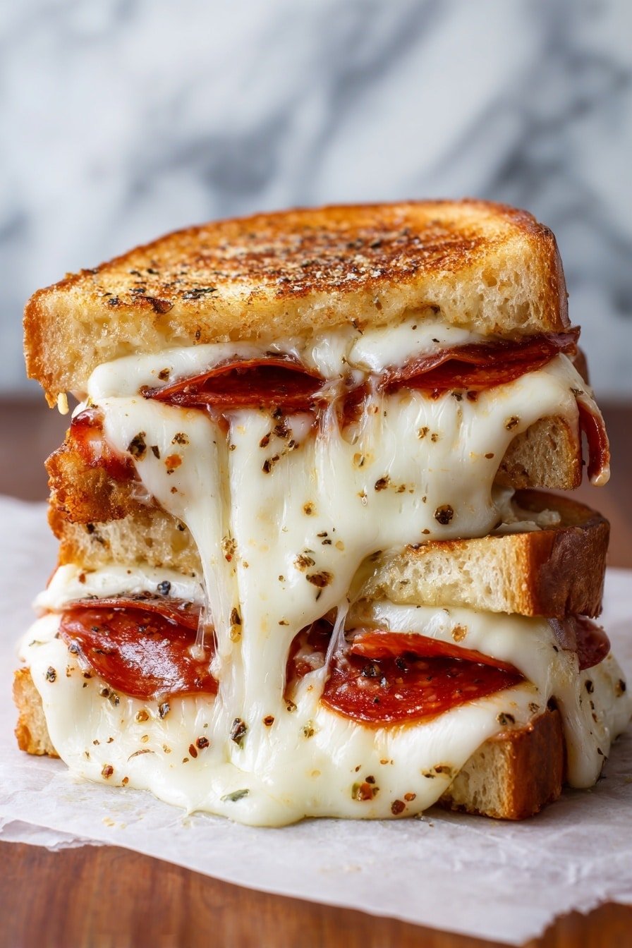 Pizza Grilled Cheese Sandwiches Recipe - Article Image 1 — Pizza Grilled Cheese Sandwiches, easy pizza grilled cheese, how to make pizza grilled cheese, cheesy pizza sandwiches, quick comfort food recipes