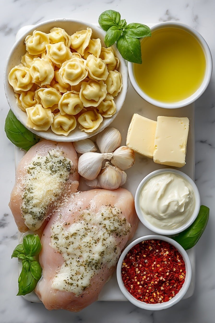 Creamy Spicy Garlic Chicken Tortellini Recipe - Ingredients Image — Creamy Spicy Garlic Chicken Tortellini, spicy garlic chicken pasta, easy cheesy tortellini recipe, weeknight Italian dinner, comforting creamy pasta