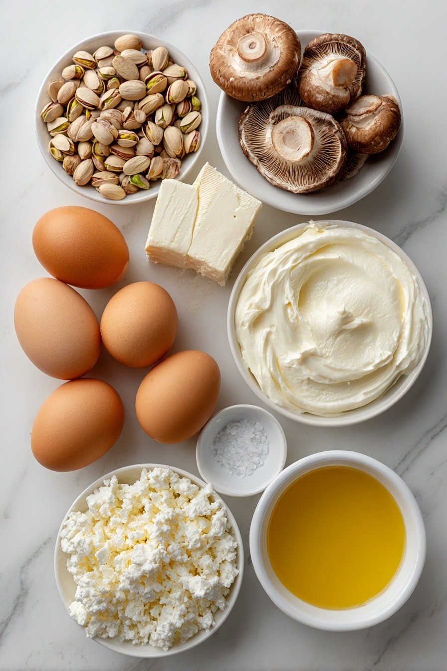Pistachio Mushroom Cheesecake Recipe - Ingredients Image — Pistachio Mushroom Cheesecake, savory cheesecake, mushroom dessert, pistachio tart, gourmet cheesecake