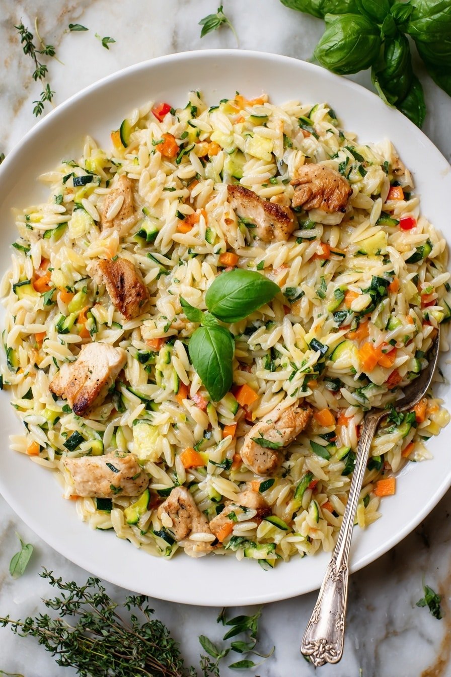 A large white plate filled with creamy orzo pasta mixed with small pieces of green zucchini, orange carrot, and red bell pepper, all combined with finely chopped green herbs. Scattered over the top are several browned, cooked pieces of chicken with a slightly crispy texture. Three fresh green basil leaves sit in the center as garnish. A vintage silver spoon rests on the right side of the plate, and the plate is placed on a white marbled surface with some green basil leaves and thyme sprigs around it. The scene has a soft, natural light. photo taken with an iphone --ar 2:3 --v 7 — Creamy Boursin Chicken Orzo Bake, cheesy chicken orzo casserole, easy baked orzo with Boursin, flavorful chicken and orzo bake, comfort food with Boursin cheese