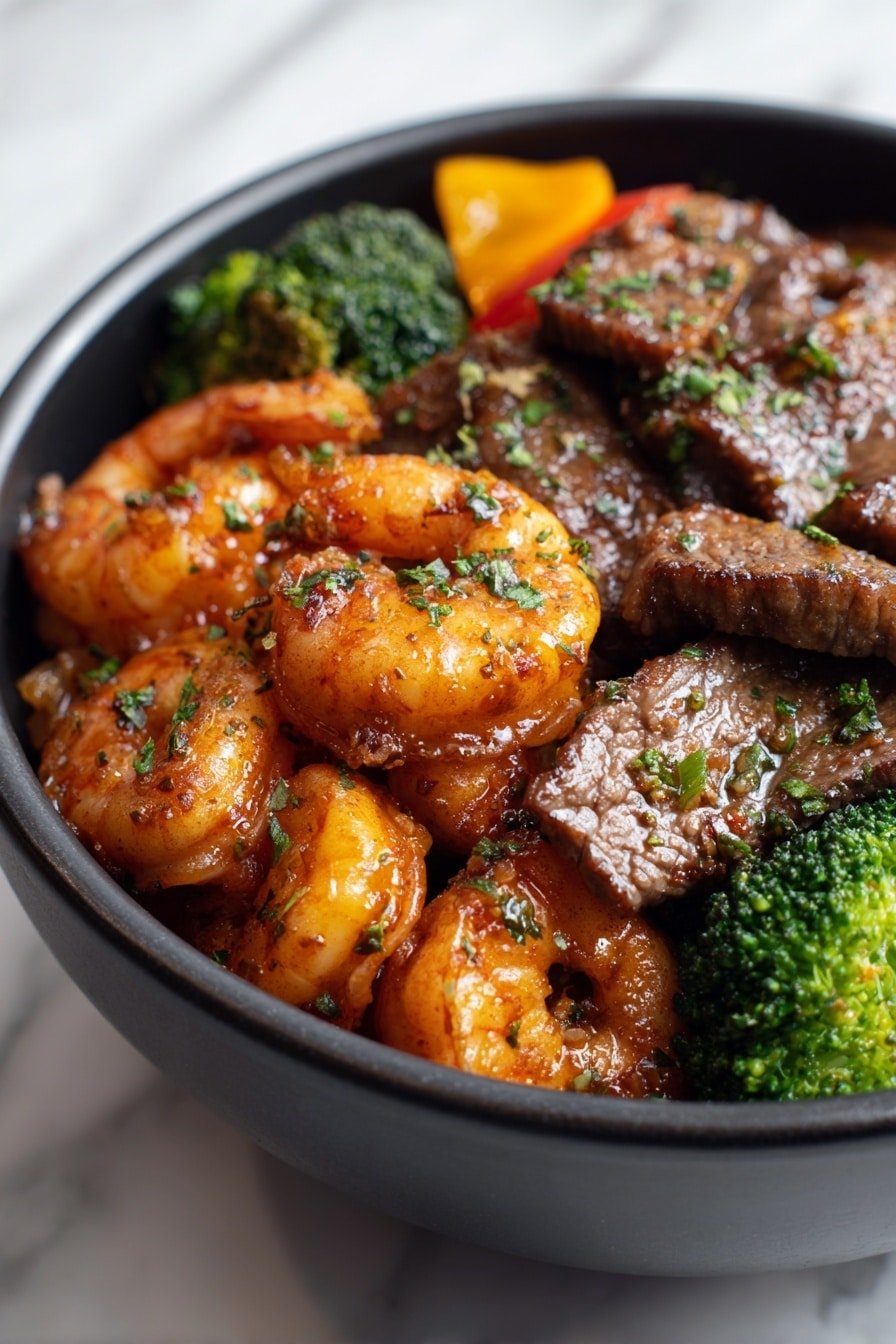 A close-up view of a black bowl filled with a mixed dish showing several layers: the bottom layer has small green broccoli florets and orange bell pepper pieces, the middle layer is a mix of large orange shrimp with a shiny glaze and tender-looking brown beef slices, and the top layer is sprinkled with green herbs adding freshness to the dish. The shrimp are curved with a slightly translucent look, and the beef slices show a browned surface with some grill marks. The vegetables and meat are tossed together with a glossy, seasoned sauce that makes everything look moist and flavorful. The bowl sits on a white marbled surface. Photo taken with an iphone --ar 2:3 --v 7 — Beef and Shrimp Stir Fry, stir fry with beef and shrimp, quick Asian stir fry, healthy beef and shrimp recipe, savory stir fry dinner