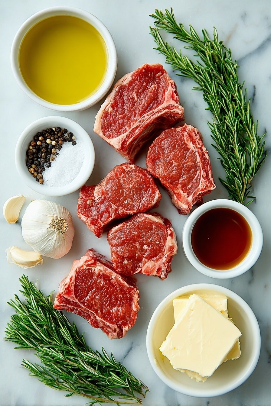 Flat lay of eight raw lamb chops with rich red marbling arranged neatly, a small white bowl of golden olive oil, coarse salt crystals and whole black peppercorns presented side by side, four fresh garlic cloves unpeeled, a small white bowl filled with dark red dry red wine, another small white bowl containing thick amber honey, a small white bowl with glossy dark balsamic vinegar, two vibrant green rosemary sprigs with needle-like leaves, and a small white bowl of creamy pale butter, all placed on a clean white marble surface, soft natural light, photo taken with an iPhone, professional food photography style, fresh ingredients, white ceramic bowls, no bottles, no duplicates, no utensils, no packaging --ar 2:3 --v 7 --p m7354639359234015250 — Skillet Lamb Chops with Honey Garlic Red Wine, lamb chop recipes, red wine lamb dishes, easy lamb chop dinner ideas, gourmet lamb recipes
