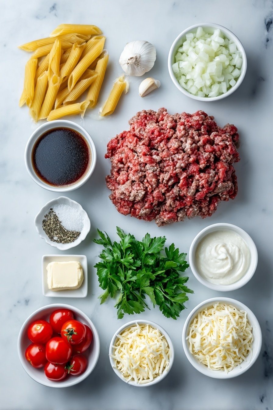 Flat lay of a small pile of uncooked penne pasta, a mound of fresh ground beef, a small white bowl of diced white onion, two celery stalks with leaves, two cloves of garlic with papery skins, a small white bowl of Worcestershire sauce, a small white bowl of coarse salt, a small white bowl of cracked black peppercorns, a small white bowl of halved cherry tomatoes, a small heap of shredded sharp cheddar cheese, a small heap of shredded mozzarella cheese, a small white bowl of heavy cream, two tablespoons of unsalted butter in a small white dish, a small white bowl of grated Parmesan cheese, and a few sprigs of fresh parsley, all arranged with perfect symmetry and realistic proportions, placed on a clean white marble surface, soft natural light, photo taken with an iPhone, professional food photography style, fresh ingredients, white ceramic bowls, no bottles, no duplicates, no utensils, no packaging --ar 2:3 --v 7 --p m7354639359234015250 — Creamy Cheeseburger Alfredo Pasta, cheeseburger pasta recipe, creamy pasta with beef, easy cheeseburger pasta, indulgent pasta dinner