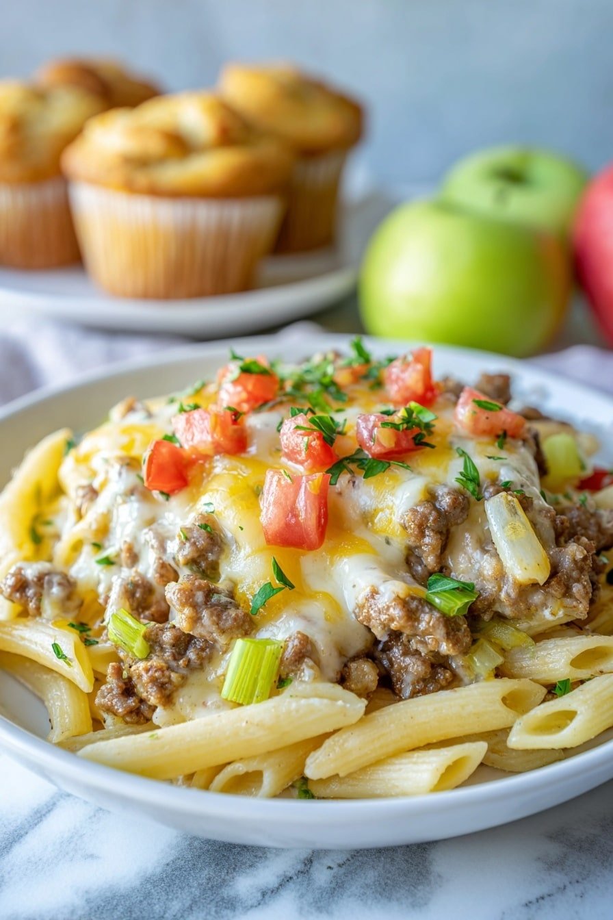 Creamy Cheeseburger Alfredo Pasta Recipe - Article Image 2 — Creamy Cheeseburger Alfredo Pasta, cheeseburger pasta recipe, creamy pasta with beef, easy cheeseburger pasta, indulgent pasta dinner