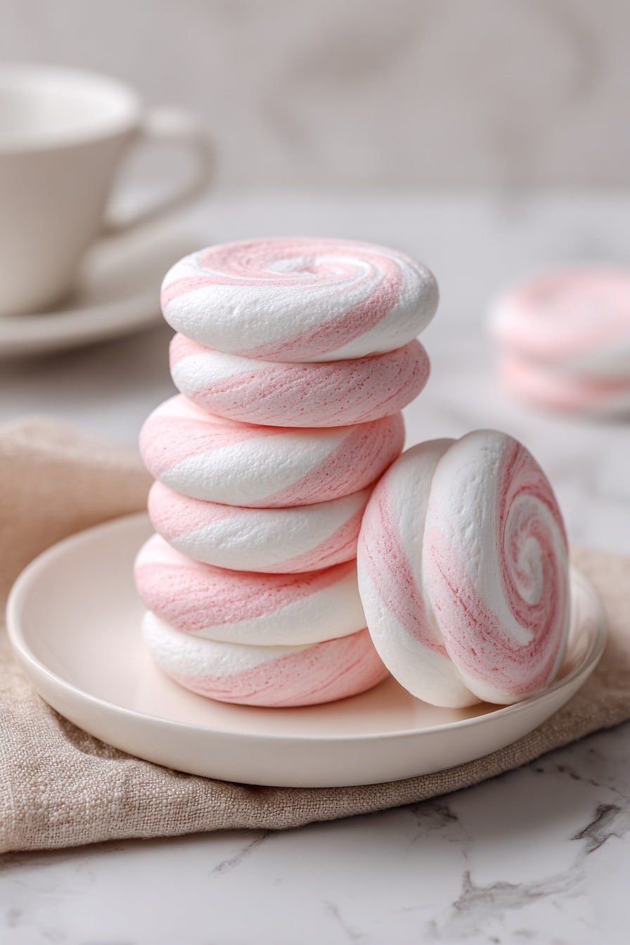 There are five round marshmallows on a white plate, stacked in a small pile. Each marshmallow has two layers with a swirl pattern: one layer is pink and the other is white, both soft and fluffy in texture. The plate is placed on a light beige cloth, all on a white marbled surface. In the background, there is a blurred white cup and saucer, adding to the soft, warm setting. Photo taken with an iphone --ar 2:3 --v 7 — Fruit Marshmallow Zefir, Russian fruit marshmallow recipe, homemade zefir, airy fruit dessert, soft marshmallow treats