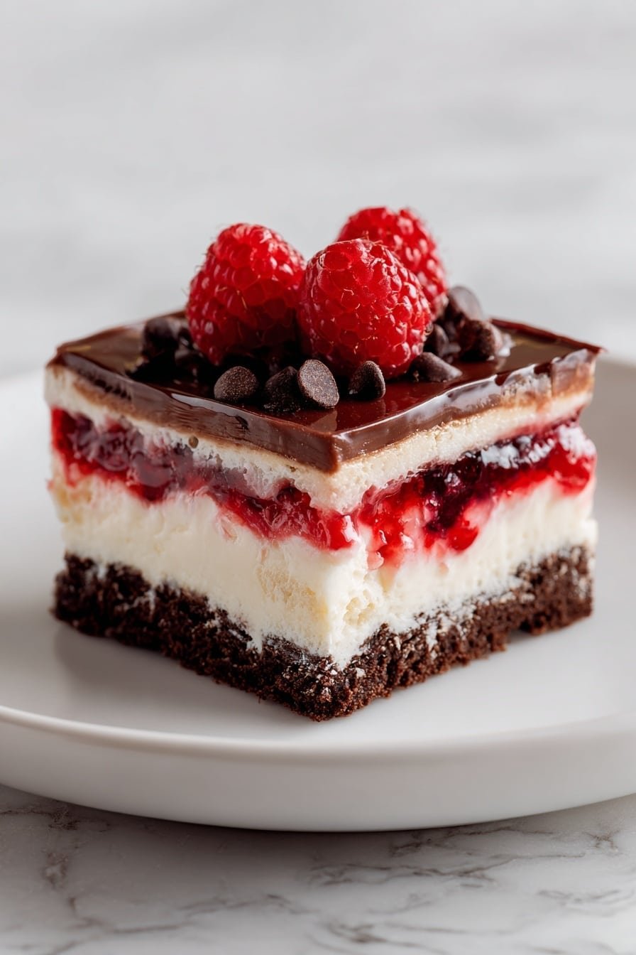 A square slice of dessert with four clear layers sits on a white plate over a white marbled surface. The bottom layer is dark brown and dense, looking like a soft chocolate cake. Above that is a creamy off-white layer with a textured mix of red berry jam, showing bright red and deep pink colors swirling through it. The third layer is thick and smooth, white cream with a fluffy look. The top layer is a shiny, dark chocolate glaze spread evenly, decorated with small dark chocolate chips scattered near the edges and four fresh bright red raspberries placed on top. Photo taken with an iphone --ar 2:3 --v 7 — Dark Chocolate Raspberry Cheesecake, Chocolate Raspberry Cheesecake, Indulgent Cheesecake with Raspberries, Easy Cheesecake Recipes, Velvety Chocolate Raspberry Dessert