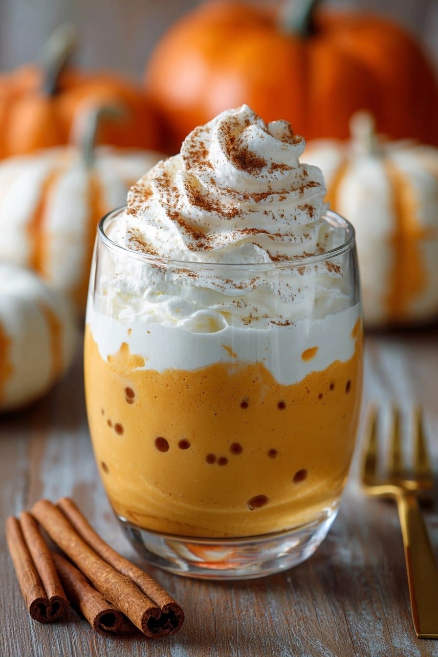A clear rounded glass filled with two layers: the bottom layer is a light orange creamy pudding with tiny dark specks mixed throughout, topped with a thick, fluffy white whipped cream layer dusted with a light sprinkling of brown spice powder. The glass sits on a wooden table with cinnamon sticks in the foreground and blurred orange pumpkins in the background, all on a white marbled texture. Photo taken with an iphone --ar 2:3 --v 7 — Cream Cheese Pumpkin Mousse, pumpkin mousse dessert, autumn pumpkin recipes, easy pumpkin mousse, festive pumpkin dessert