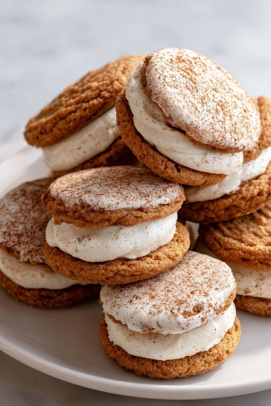 The image shows a pile of six sandwich cookies on a white plate, each cookie made of two rough-textured, golden-brown cookie layers with a thick, creamy white filling in the middle. The top cookie layers have a light dusting of brown powder, possibly cinnamon, giving a speckled look against the white cream inside. The cookies have a soft, slightly crumbly texture, and they sit closely together on the plate with some cookies stacked on top of others. The surface beneath the plate is a white marbled texture. photo taken with an iphone --ar 2:3 --v 7 — Pumpkin Cheesecake Cookies, fall cookie recipes, pumpkin spice cookies, easy holiday cookies, creamy cheesecake cookies
