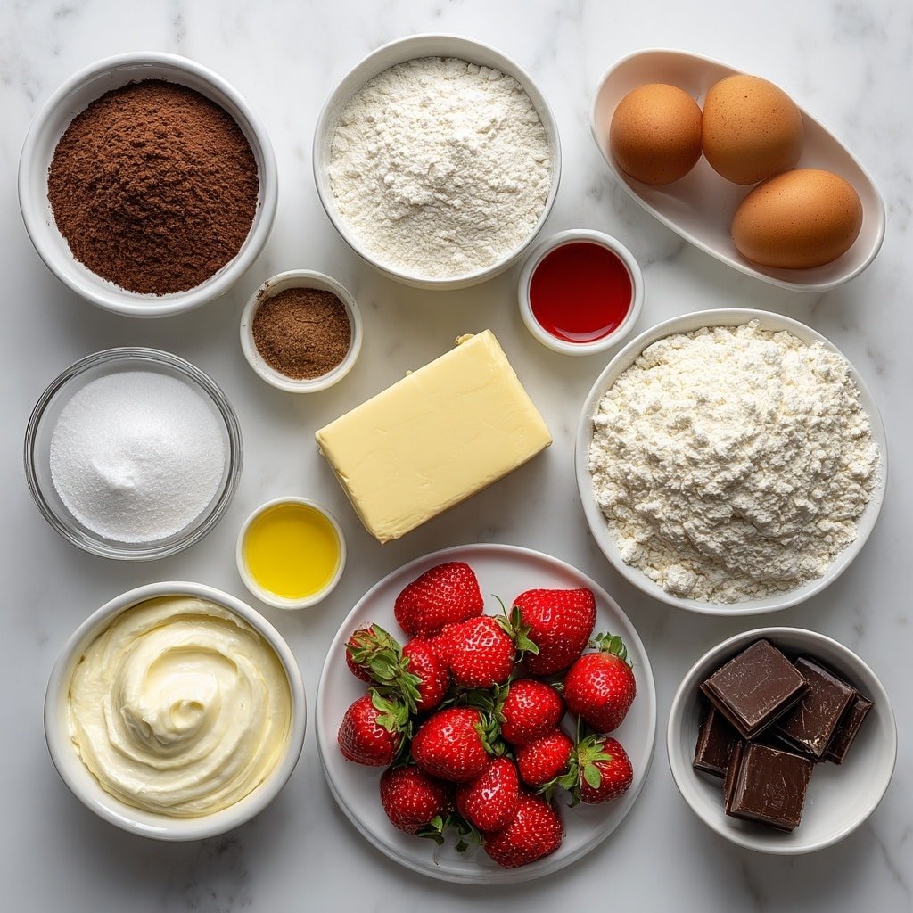 Red Velvet Strawberry Cheesecake Recipe - Ingredients Image — Red Velvet Strawberry Cheesecake, red velvet strawberry cheesecake, best strawberry cheesecake, creamy layered cheesecake, Valentine's day dessert