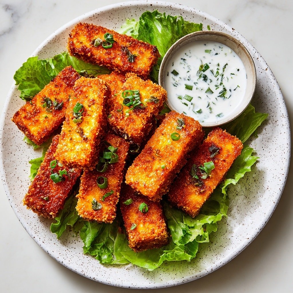 Crispy Buffalo Tofu with Herby Ranch Recipe - Article Image 1 — Crispy Buffalo Tofu with Herby Ranch, buffalo tofu recipe, vegan buffalo tofu, crunchy buffalo tofu dip, homemade herb ranch dressing