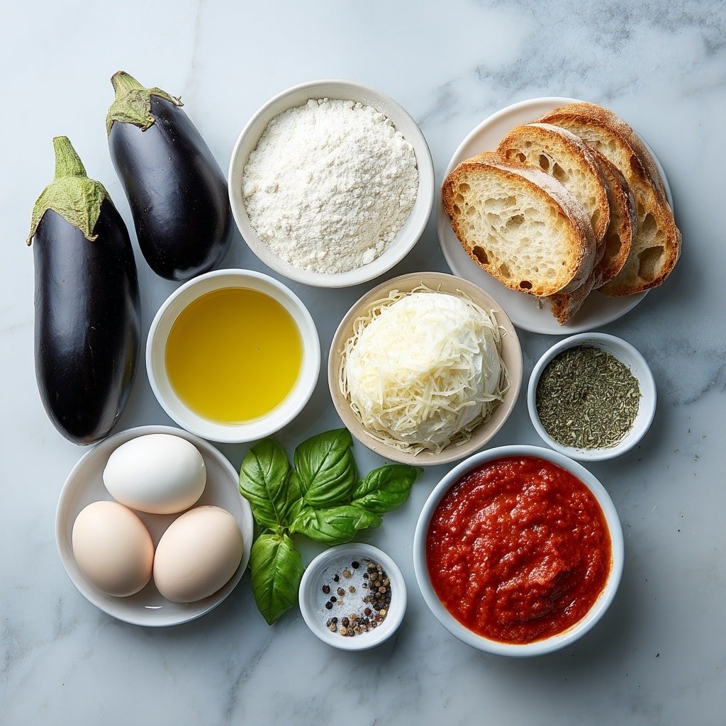 Eggplant Parmesan Bake Recipe - Ingredients Image — Eggplant Parmesan Bake, baked eggplant Parmesan, cheesy eggplant casserole, vegetarian Italian dinner, comforting eggplant dish
