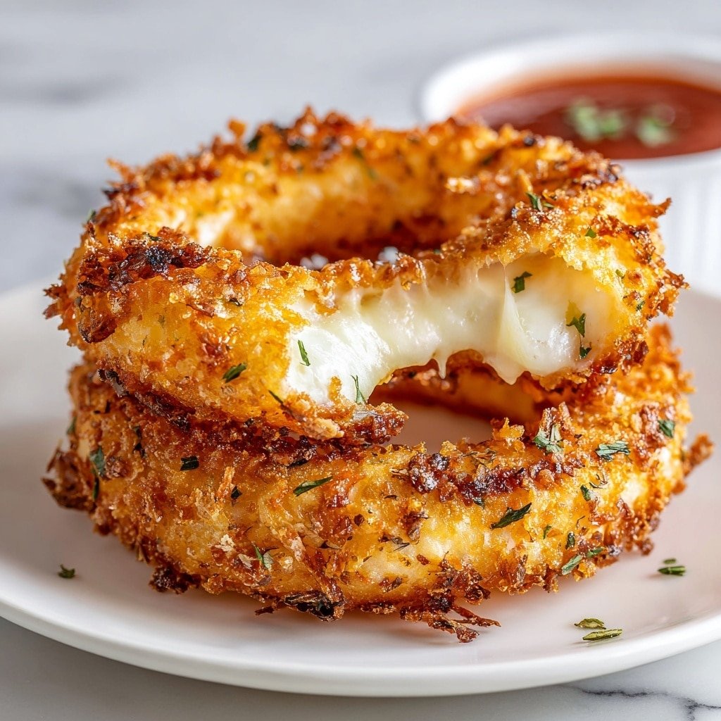 Cheese-Stuffed Onion Rings Recipe - Article Image 1 — Cheese-Stuffed Onion Rings, crispy onion rings with cheese, cheesy onion appetizer, homemade onion ring recipe, easy cheese-filled onion rings
