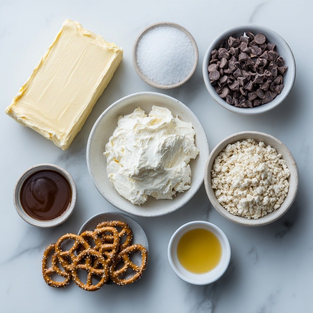 Salted Caramel Pretzel Cheesecake Balls Recipe - Ingredients Image — Salted Caramel Pretzel Cheesecake Balls, no-bake dessert, easy caramel cheesecake bites, sweet and salty cheesecake treats, decadent party dessert