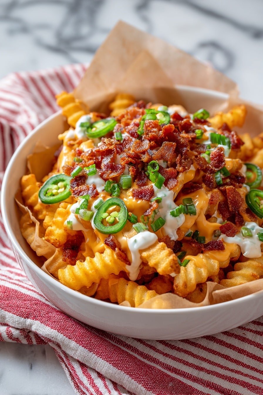 Crispy Cheddar Bacon Voodoo Fries Recipe - Article Image 1 — Crispy Cheddar Bacon Voodoo Fries, crispy cheesy loaded fries, bacon loaded fries recipe, comfort food fries with bacon and cheese, easy spicy fry appetizer