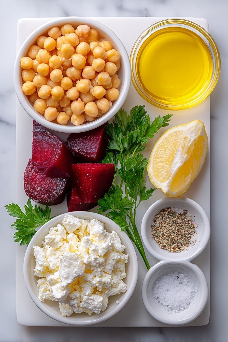 Chickpea Beet Feta Salad with Lemon Vinaigrette Recipe - Ingredients Image — Chickpea Beet Feta Salad with Lemon Vinaigrette, healthy chickpea beet feta salad, vegetarian beet salad with lemon dressing, Mediterranean chickpea beet salad, easy vegan lunch salad