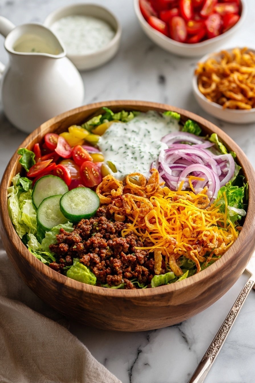 Crispy Rice Cheeseburger Salad Recipe - Article Image 1 — Crispy Rice Cheeseburger Salad, cheeseburger salad, crispy rice salad, easy cheeseburger bowl, DIY burger salad