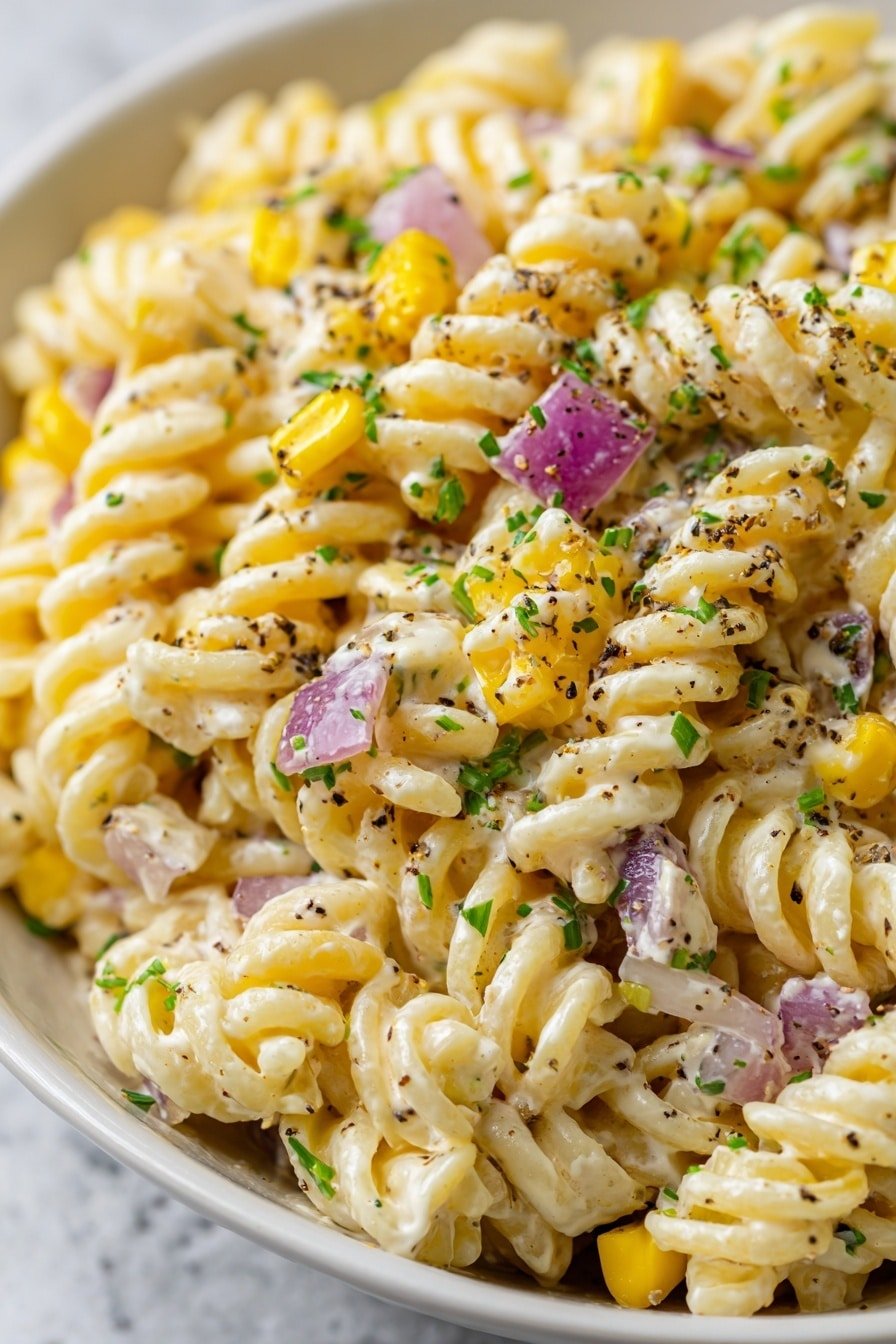Street Corn Pasta Salad Recipe - Article Image 2 — Street Corn Pasta Salad, Mexican-inspired pasta salad, easy summer pasta dish, flavorful corn pasta salad, quick veggie pasta salad