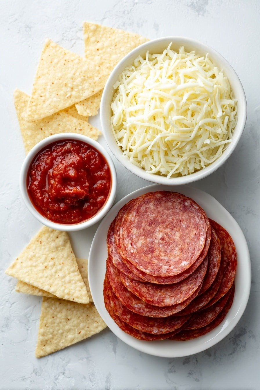 Pepperoni Pizza Cheese Drip Chips Recipe - Ingredients Image — Pepperoni Pizza Cheese Drip Chips, pizza-inspired snacks, cheesy pepperoni chips, quick homemade appetizer, crispy cheesy chip recipe