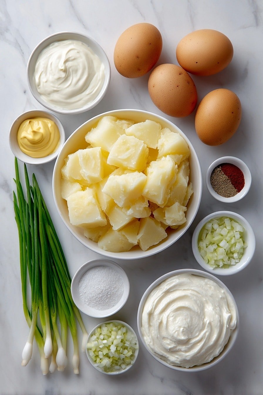 Creamy Southern Potato Salad Recipe - Ingredients Image — Creamy Southern Potato Salad, Southern potato salad recipe, classic potato salad with tang, easy Southern potato salad, homemade potato salad