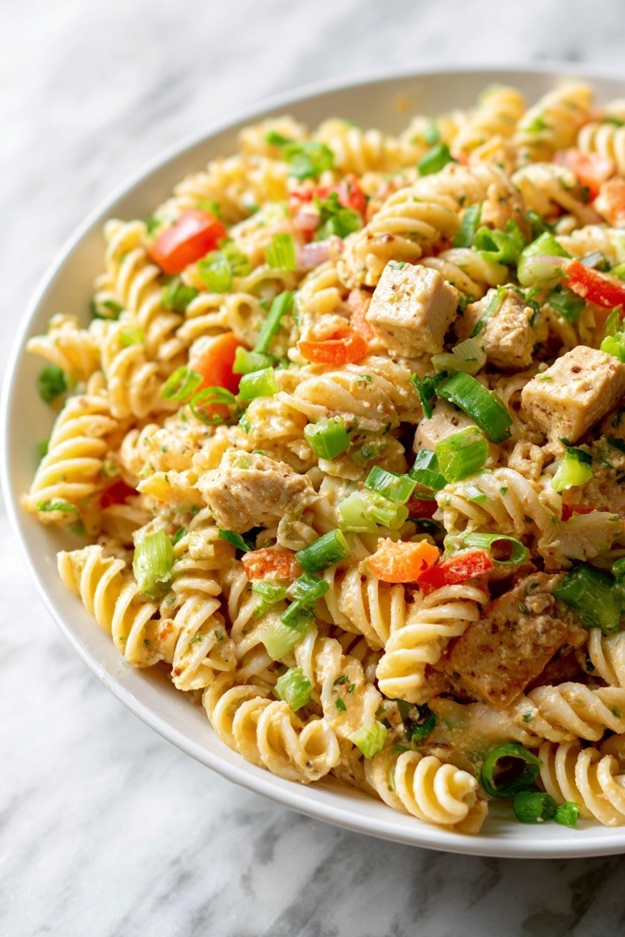 Buffalo Chicken Pasta Salad Recipe - Article Image 1 — Buffalo Chicken Pasta Salad, spicy chicken pasta salad with buffalo sauce, easy buffalo chicken pasta recipe, creamy buffalo chicken pasta dish, flavorful pasta salad with buffalo flavor