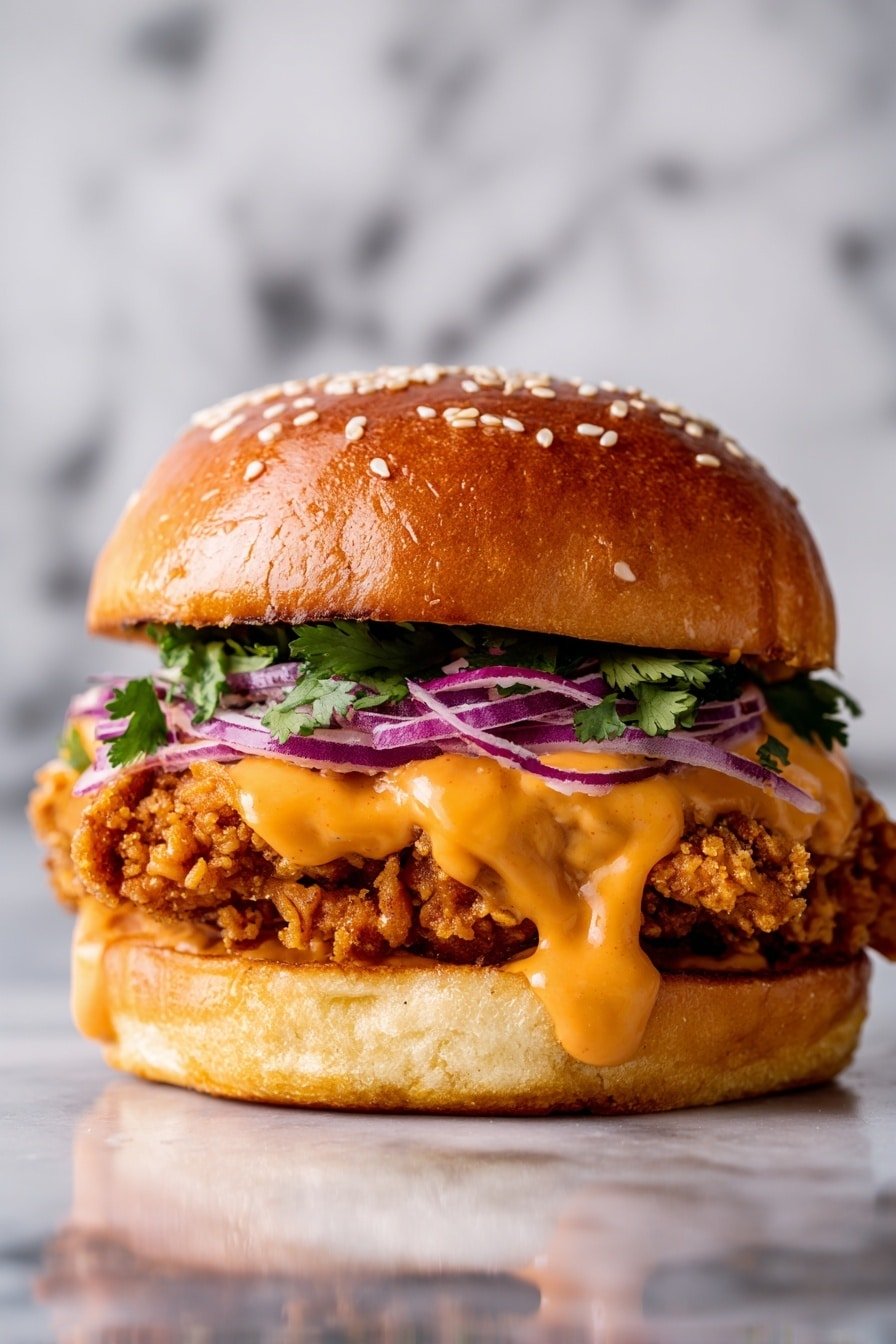 A close-up image of a chicken sandwich features five main layers inside a shiny, golden brown sesame seed bun. The bottom layer is a soft, lightly toasted bun with a golden color and slight crisp edges. On top of it, there is a layer of thinly sliced purple onions with a crisp texture. Above the onions, a thick piece of crunchy fried chicken with a rough, crispy coating creates a textured middle layer. The chicken is covered with a glossy, smooth orange cheese sauce that drips down the sides. Above the sauce, fresh green cilantro leaves add a pop of color just below the top shiny bun sprinkled with sesame seeds. The background has a white marbled texture. Photo taken with an iphone --ar 2:3 --v 7 — Crispy Bang Bang Chicken Sandwich, crispy chicken sandwich with bang bang sauce, homemade chicken sandwich recipe, spicy crispy chicken sandwich, easy chicken sandwich ideas