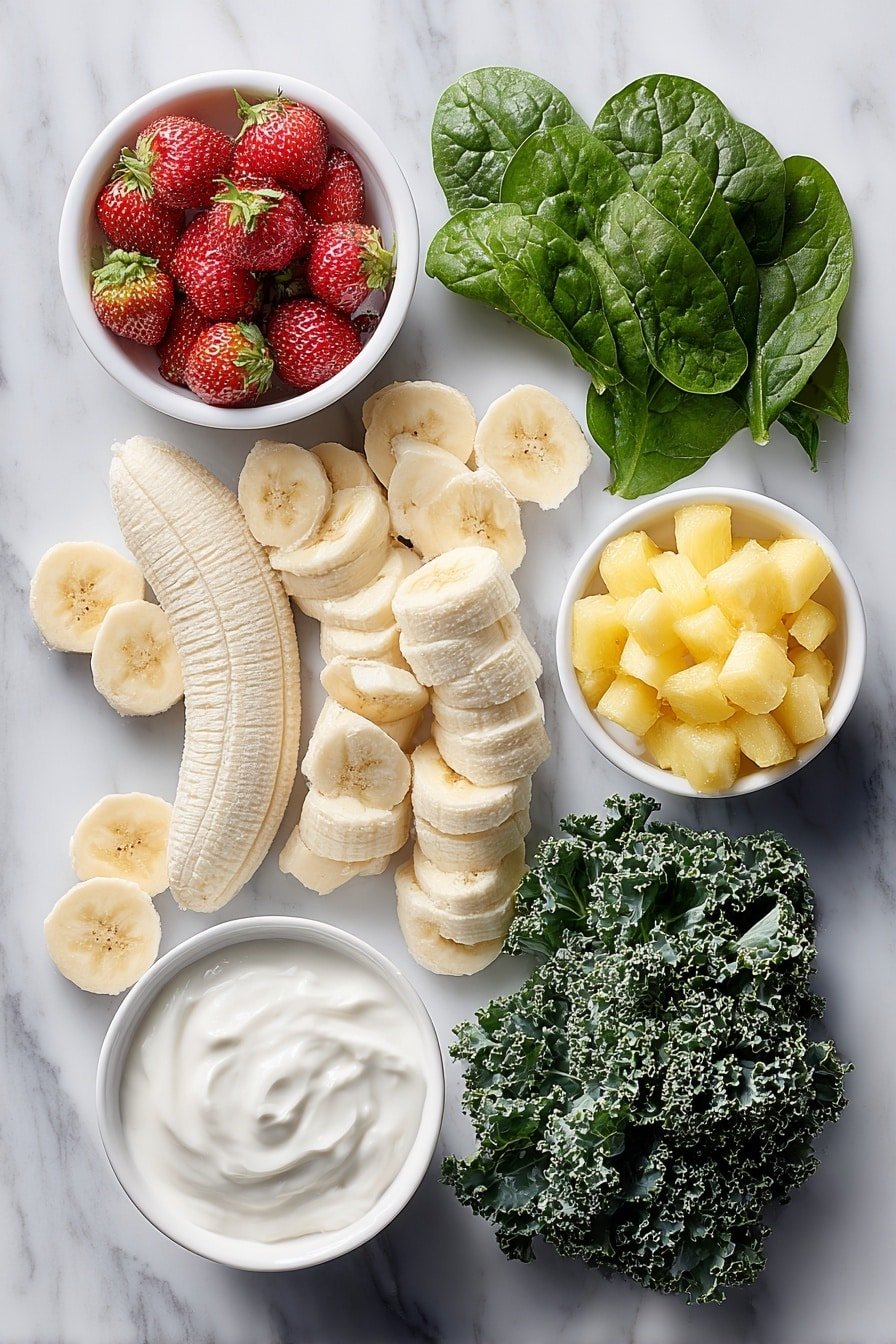 Flat lay of peeled banana slices neatly arranged, a small white bowl filled with chopped frozen strawberries, a small white bowl with chopped frozen pineapple pieces, a fresh bunch of vibrant green spinach leaves, a fresh bunch of curly kale leaves, a small white bowl with creamy Greek yogurt, a small white bowl with smooth almond milk, all ingredients symmetrically placed on a clean white marble surface, soft natural light, photo taken with an iPhone, professional food photography style, fresh ingredients, white ceramic bowls, no bottles, no duplicates, no utensils, no packaging --ar 2:3 --v 7 --p m7354639359234015250 — Healthy Green Smoothie, green smoothie recipe, nutritious green smoothie, healthy breakfast drinks, fresh fruit and greens smoothie