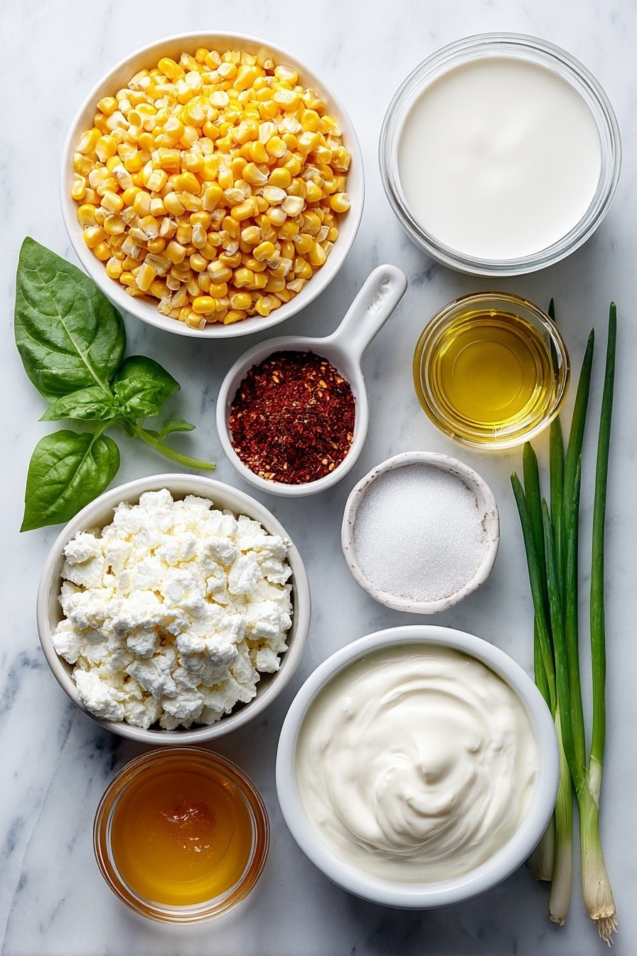 Flat lay of fresh roasted corn kernels in a small mound, a small white bowl of heavy cream, a small white bowl of whole milk, a small white bowl of granulated sugar, a small white bowl of unflavored gelatin powder, a small white bowl of coarse salt, a small white bowl of golden olive oil, a few strands of bright green lime zest arranged neatly, a small white bowl of vibrant red chili flakes, a small white bowl of light golden honey, all ingredients arranged in perfect symmetry on simple white ceramic dishes and bowls, placed on a clean white marble surface, soft natural light, photo taken with an iPhone, professional food photography style, fresh ingredients, white ceramic bowls, no bottles, no duplicates, no utensils, no packaging --ar 2:3 --v 7 --p m7354639359234015250 — Savory Corn Panna Cotta with Chili Lime Drizzle, Corn Panna Cotta recipe, Savory panna cotta ideas, Corn and chili lime appetizer, Easy savory corn dishes
