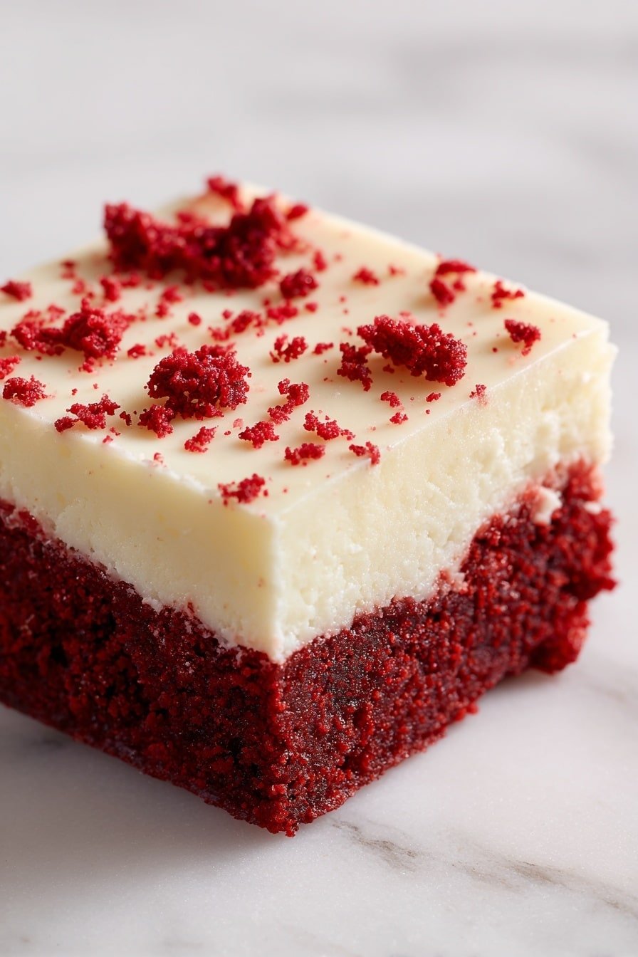 The image shows a square piece of cake with two layers; the bottom layer is thick, dark red with a moist and crumbly texture, and the top layer is thick, creamy, and white with a smooth surface. The cake is topped with small, red crumbs scattered on the white layer, adding texture and color contrast. The cake sits alone on a white marbled surface in soft lighting that highlights its colors and textures, photo taken with an iphone --ar 2:3 --v 7 — Red Velvet Brownie, Red Velvet Brownie Recipe, Chocolate and Cream Cheese Brownie, Vibrant Red Velvet Dessert, Easy Red Velvet Brownie