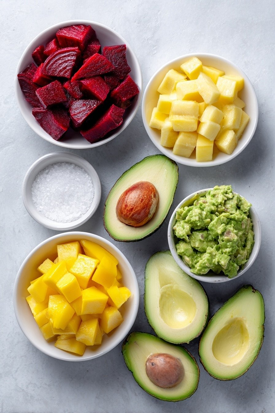 Flat lay of roasted diced medium beets, peeled diced ripe mango, peeled diced ripe avocados, all arranged in perfect symmetry in simple white ceramic bowls and plates, fresh natural ingredients placed on a clean white marble surface, soft natural light, photo taken with an iPhone, professional food photography style, fresh ingredients, white ceramic bowls, no bottles, no duplicates, no utensils, no packaging --ar 2:3 --v 7 --p m7354639359234015250 — Beet Mango Avocado Tartare Stack, Beet Mango Avocado appetizer, healthy colorful tartare, vegan beet and mango dish, easy gourmet tartare