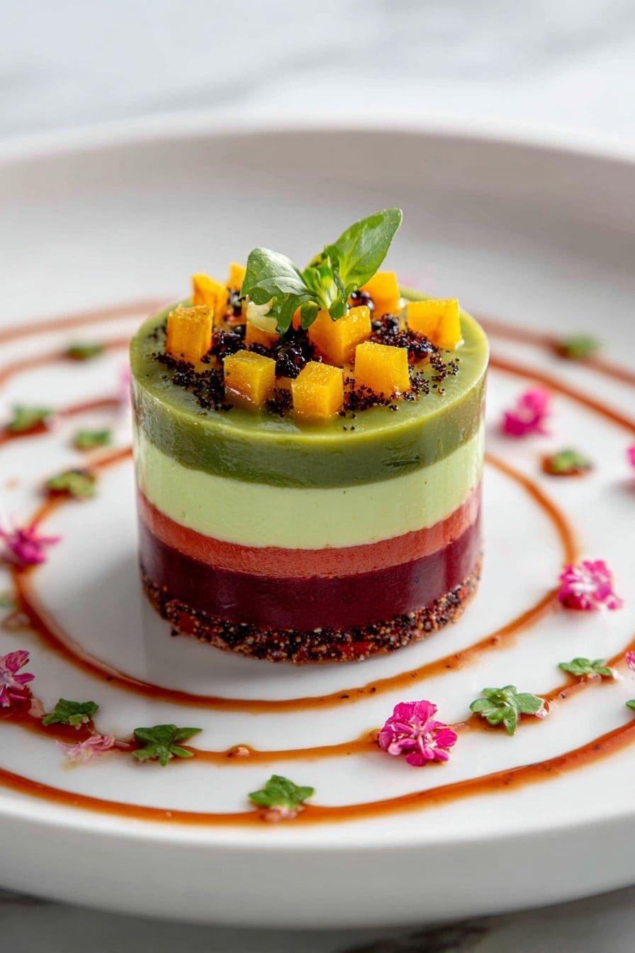 Beet Mango Avocado Tartare Stack Recipe - Article Image 2 — Beet Mango Avocado Tartare Stack, Beet Mango Avocado appetizer, healthy colorful tartare, vegan beet and mango dish, easy gourmet tartare