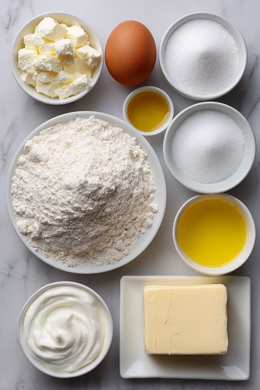 Flat lay of a small mound of all-purpose flour, a small white bowl of unsweetened cocoa powder, a small white bowl of baking soda, one large brown egg with a clean shell, a small pile of granulated white sugar, a small white bowl of creamy buttermilk, a small white bowl of golden vegetable oil, a small dollop of vanilla Greek yogurt on a white ceramic plate, a tiny amount of rich red food coloring in a white bowl, a block of softened cream cheese on a white plate, a small piece of unsalted butter in pale yellow, a small white bowl of vanilla extract, a small mound of powdered sugar on a white ceramic plate, all arranged with perfect symmetry on a clean white marble surface, soft natural light, photo taken with an iPhone, professional food photography style, fresh ingredients, white ceramic bowls, no bottles, no duplicates, no utensils, no packaging --ar 2:3 --v 7 --p m7354639359234015250 — Red Velvet Cupcakes with Cream Cheese Frosting, how to make red velvet cupcakes, best red velvet cupcake recipe, homemade red velvet cupcakes, easy cream cheese frosting for cupcakes
